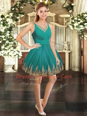 Turquoise Ball Gowns Embroidery Prom Gown Backless Tulle Sleeveless Mini Length