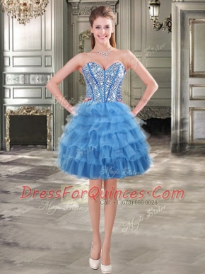 Modern Sleeveless Lace Up Mini Length Beading and Ruffled Layers Prom Gown