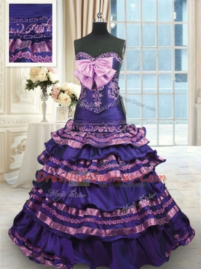 With Train Dark Purple Ball Gown Prom Dress Taffeta Sweep Train Sleeveless Appliques and Ruffled Layers and Bowknot