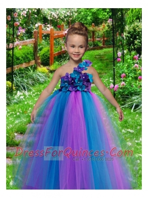 Multi-color A-Line Tulle One Shoulder Appliques Little Girl Dress for 2014