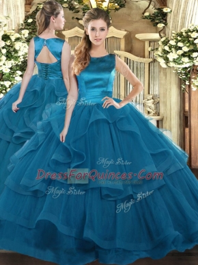 Scoop Sleeveless Lace Up Quinceanera Gowns Teal Tulle