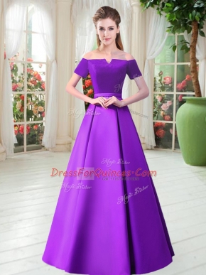 Dynamic Short Sleeves Floor Length Belt Lace Up Party Dress for Toddlers with Purple