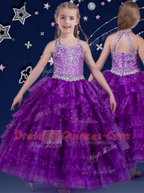Custom Made Ruffled Halter Top Sleeveless Zipper Little Girls Pageant Dress Eggplant Purple Organza
