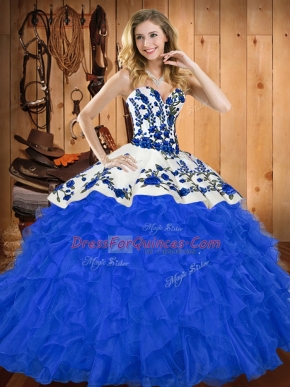 Blue Sweetheart Neckline Embroidery and Ruffles Quinceanera Gowns Sleeveless Lace Up