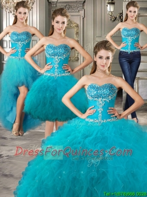 Exclusive Big Puffy Teal Detachable Quinceanera Dresses with Beading and Ruffles