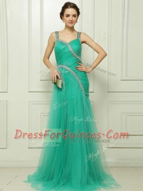 Turquoise Prom Dress Prom and Party and For with Beading and Ruching Straps Sleeveless Brush Train Side Zipper