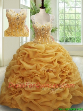 2017 Visible Boning See Through Back Brush Train Beaded Quinceanera Dress in Gold