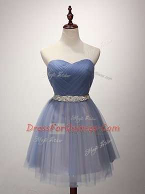 Shining Sweetheart Sleeveless Damas Dress Mini Length Beading and Ruching Blue Tulle