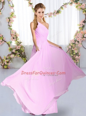 Extravagant Lilac Empire Chiffon One Shoulder Sleeveless Ruching Floor Length Lace Up Quinceanera Dama Dress