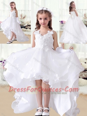 Romantic V Neck Appliques High Low White Flower Little Girl Dress