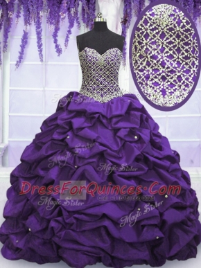 Excellent Eggplant Purple Ball Gowns Beading and Sequins and Pick Ups Ball Gown Prom Dress Lace Up Taffeta Sleeveless Floor Length