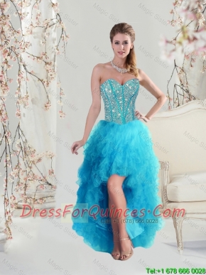 2016 Beautiful Sweetheart Beaded and Ruffles Turquoise Dama Dresses High Low