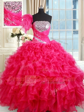 Custom Made Hot Pink Ball Gowns Sequins 15 Quinceanera Dress Lace Up Organza Sleeveless Floor Length