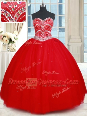 Spectacular Red Tulle Lace Up Quinceanera Gown Sleeveless Floor Length Beading