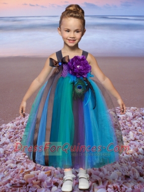 Multi-color A-Line Tulle Straps Tea-length Little Girl Dress for 2014