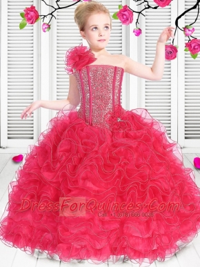 Red One Shoulder Ball Gown Little Girl Pageant Dress with Beading for 2014