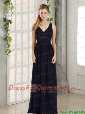 2015 Empire V Neck Zipper Up Prom Dress in Navy Blue