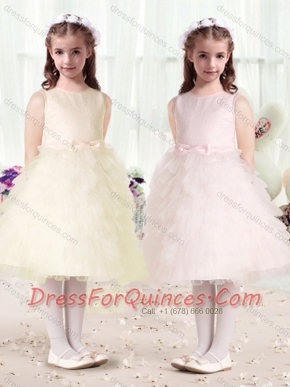 Luxurious Scoop Flower Little Girl Dress with Ruffles and Bowknot