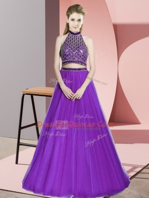 Eggplant Purple Backless Evening Dress Beading Sleeveless Floor Length