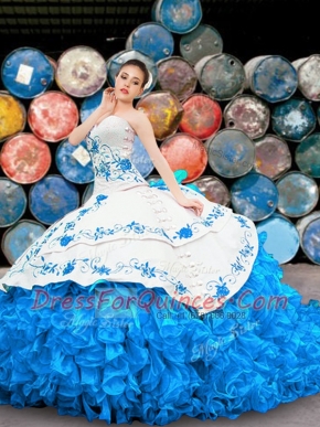Halter Top Organza Sleeveless Floor Length Quinceanera Dress and Appliques and Embroidery and Ruffles