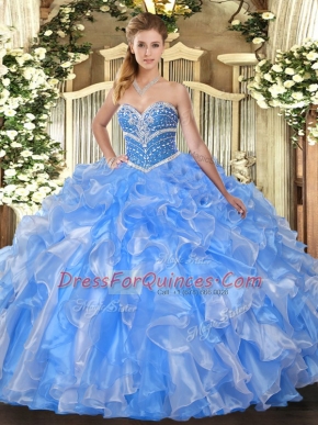 Modest Baby Blue Organza Lace Up 15th Birthday Dress Sleeveless Floor Length Beading and Ruffles