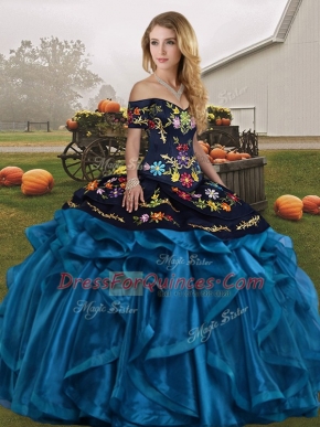 Blue And Black Organza Lace Up Ball Gown Prom Dress Sleeveless Floor Length Embroidery and Ruffles