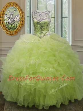 Dramatic Scoop Yellow Green Lace Up Quince Ball Gowns Beading and Ruffles Sleeveless Floor Length