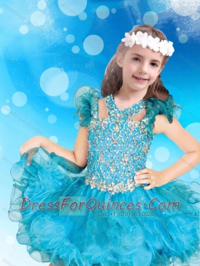 Classical Beaded Baby Blue Short Adorable Little Girl Pageant Dress with Open Back
