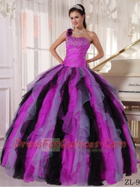 One Shoulder Multi-colored Ball Gown Beading and RufflesFloor-length Organza Discount Quinceanera Dresses