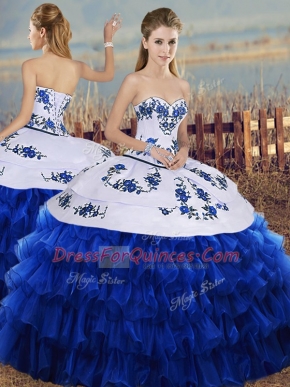 Royal Blue Sleeveless Floor Length Embroidery and Ruffled Layers Lace Up Quinceanera Dresses