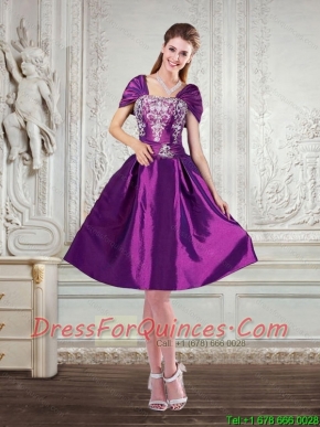 Purple Strapless Embroidery and Beading Junior Dresses with Cap Sleeves