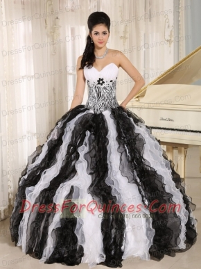 Quinceanera Dress With Appliques Sweetheart For Custom Made White and Black Ruffles