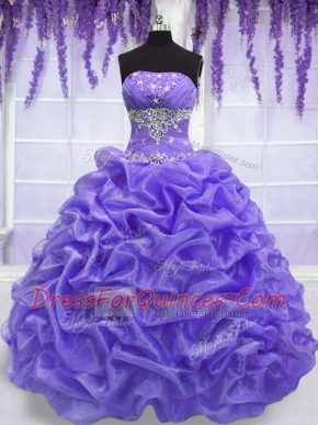 Lavender Ball Gowns Beading Sweet 16 Quinceanera Dress Lace Up Organza Sleeveless Floor Length