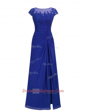 Royal Blue A-line Chiffon Scoop Cap Sleeves Appliques Floor Length Zipper Prom Evening Gown