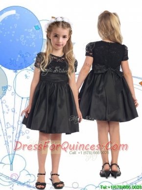 See Through Scoop Short Sleeves Lace and Belt Mini Quinceanera Dress in Black