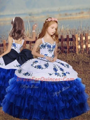 Royal Blue Kids Pageant Dress Party and Wedding Party with Embroidery and Ruffled Layers Straps Long Sleeves Lace Up