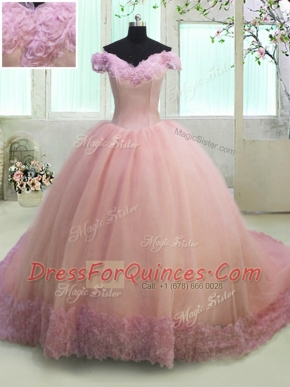 Pink Ball Gowns Off The Shoulder Short Sleeves Organza With Train Court Train Lace Up Hand Made Flower Quince Ball Gowns