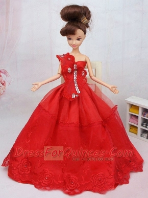 Hand Made Flower and Beading Red Organza Barbie Doll Dress