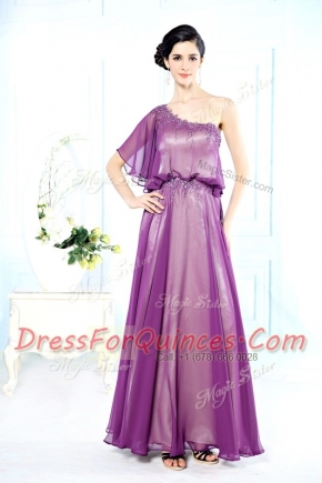 Glorious One Shoulder Purple Half Sleeves Floor Length Beading Side Zipper Prom Party Dress