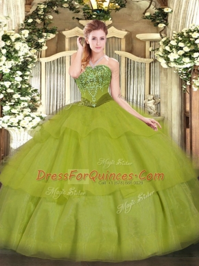 Top Selling Olive Green Lace Up Strapless Beading and Ruffled Layers Quinceanera Gowns Tulle Sleeveless