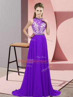 Purple Chiffon Backless Halter Top Sleeveless Evening Dress Brush Train Beading