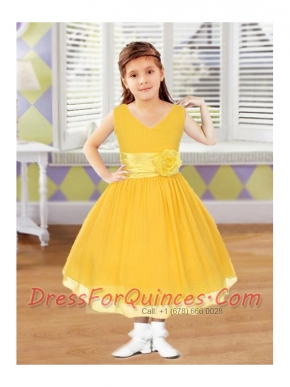 2014 Yellow Ball Gown V-neck Tea-length Flower Girl Dresses