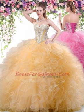 New Arrival Gold 15th Birthday Dress Military Ball and Sweet 16 and Quinceanera and For with Beading and Ruffles Sweetheart Sleeveless Lace Up