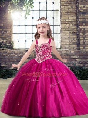 Cute Tulle Straps Sleeveless Lace Up Beading Child Pageant Dress in Fuchsia