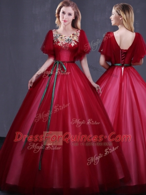 Scoop Wine Red Short Sleeves Floor Length Appliques and Belt Lace Up Quinceanera Dresses