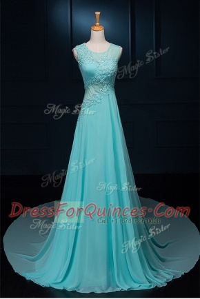 Customized Scoop Sleeveless Chiffon With Brush Train Zipper Prom Gown in Baby Blue with Beading and Appliques