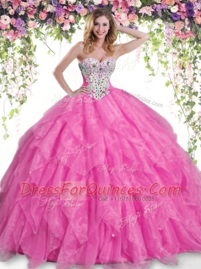 Floor Length Hot Pink 15 Quinceanera Dress Organza Sleeveless Beading and Ruffles