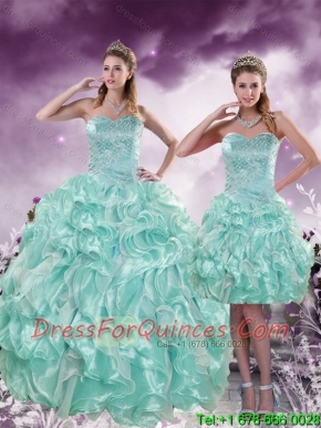 2015 Custom Made Beading and Ruffles Aqual Blue Quince Dresses