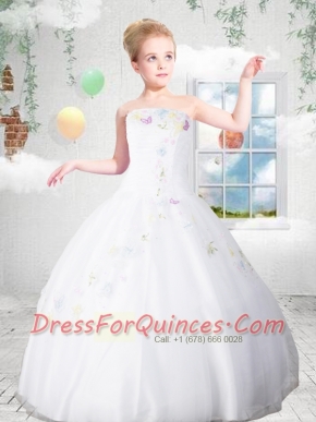 Simple Strapless Floor-length Embroidery Ball Gown Little Girl Pageant Dress