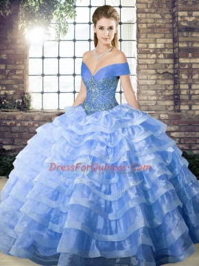 Enchanting Beading and Ruffled Layers Sweet 16 Quinceanera Dress Blue Lace Up Sleeveless Brush Train